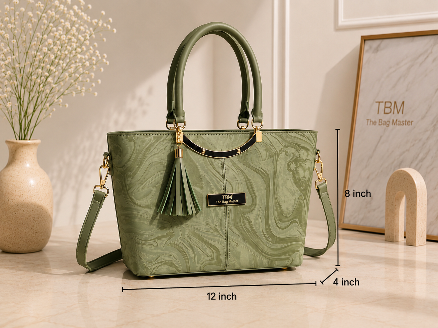 TBM Sage Marble Luxe Handbag – Premium Women’s Tote & Shoulder Bag (12” × 8” × 4”)