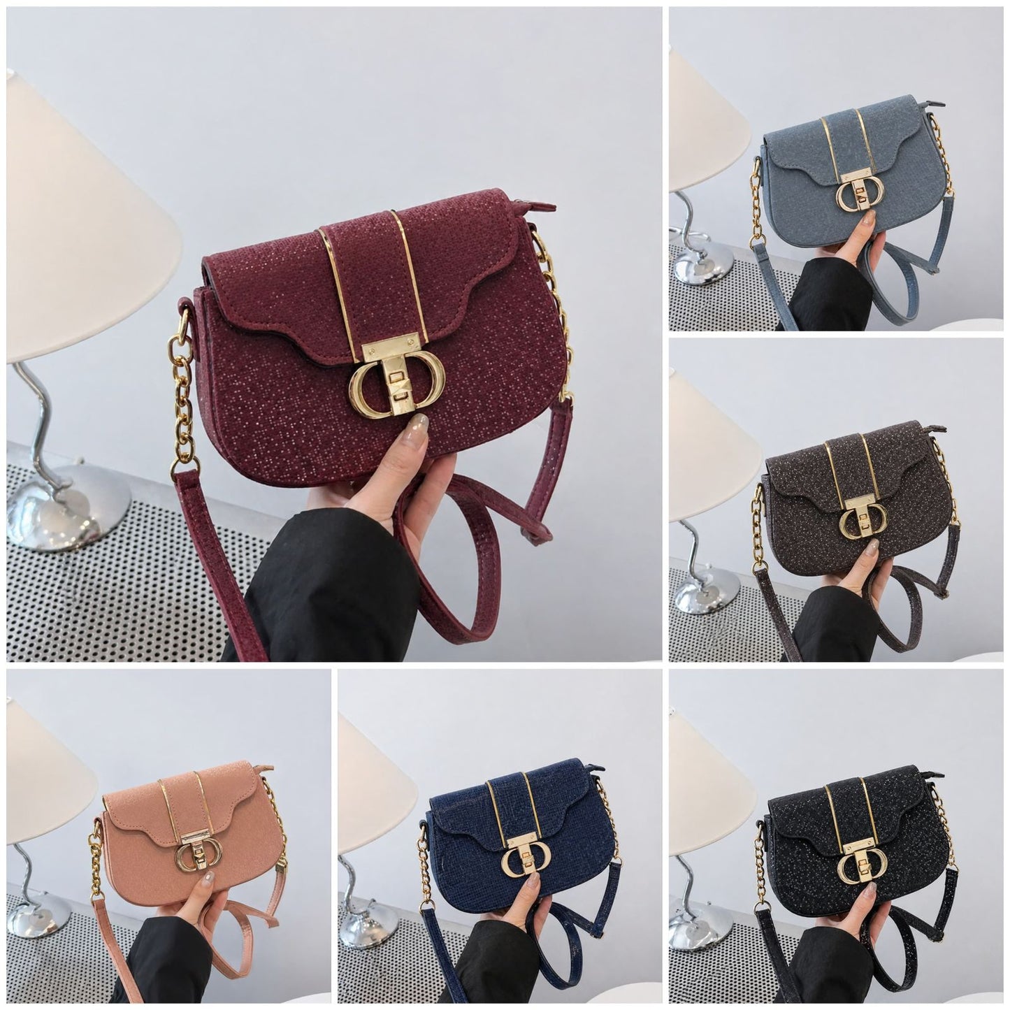 Luxury Textured Crossbody Bag with Signature Designer Clasp & Chain-Link Strap