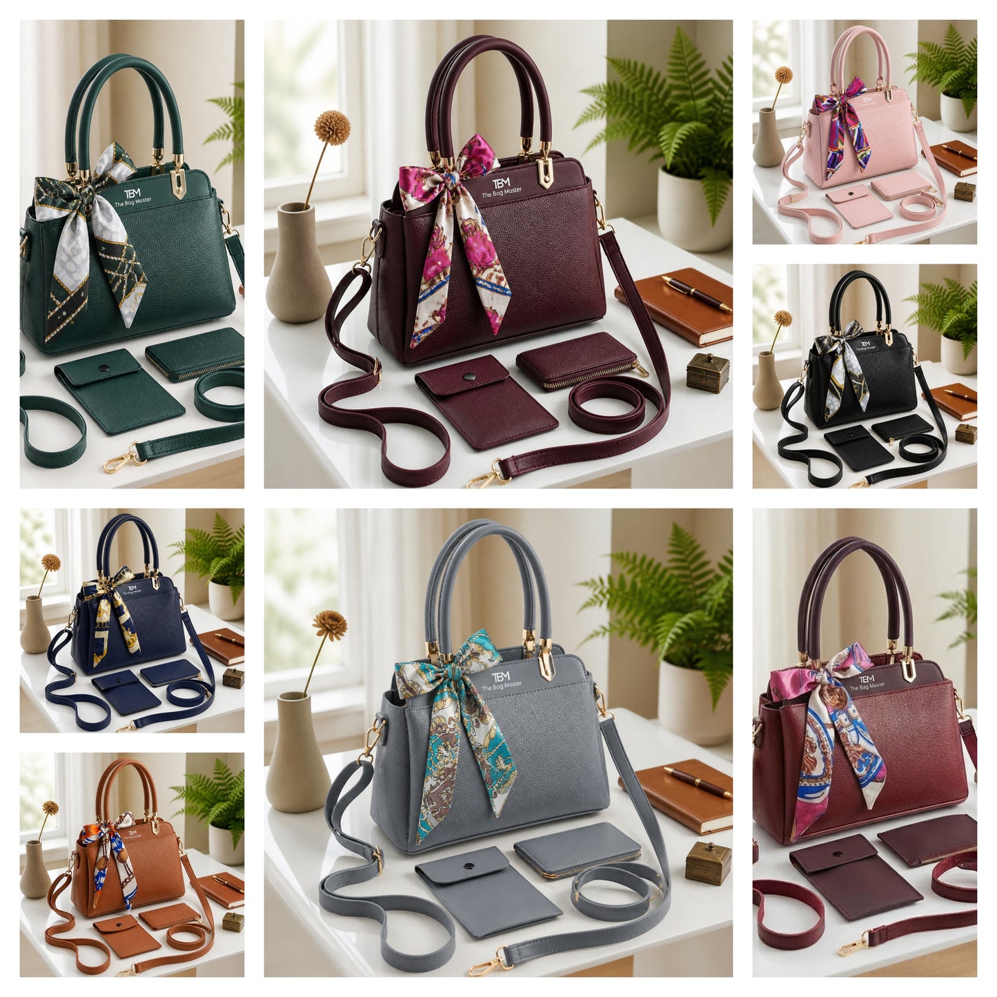 TBM Premium 3-Piece Essential Handbag Set: Satchel, Crossbody Mobile Wallet & Pouch With Ribbon