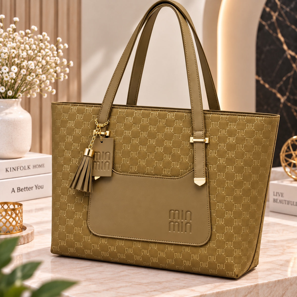 TBM The Bag Master "MIN MIN" Monogram Printed Tote Bag with Tassel Charm