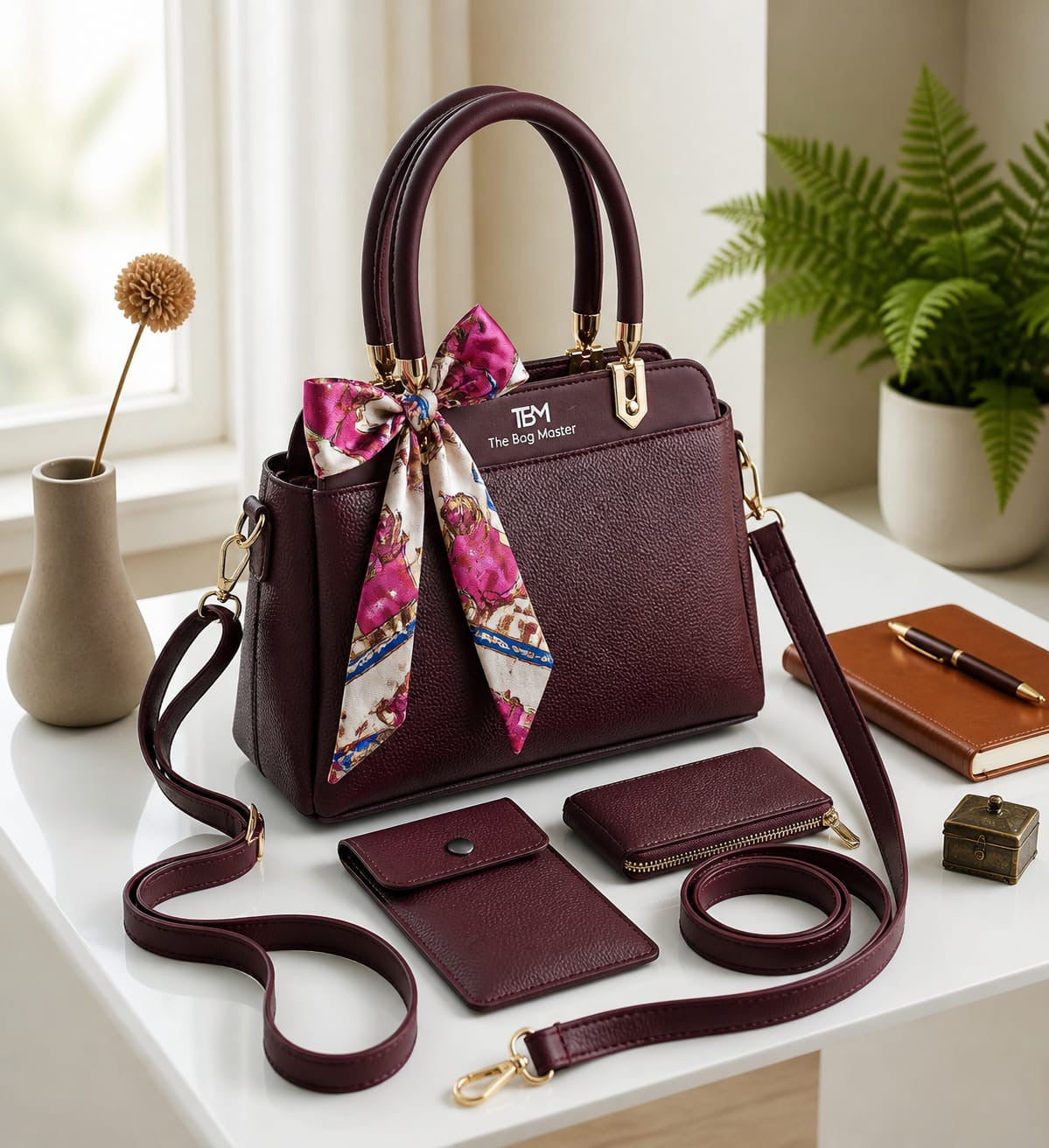 TBM Premium 3-Piece Essential Handbag Set: Satchel, Crossbody Mobile Wallet & Pouch With Ribbon