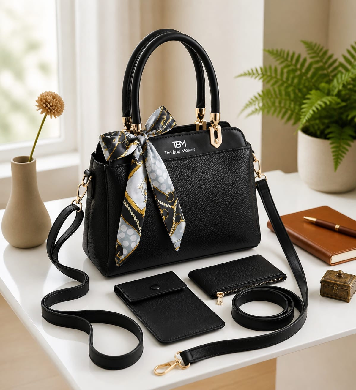 TBM Premium 3-Piece Essential Handbag Set: Satchel, Crossbody Mobile Wallet & Pouch With Ribbon