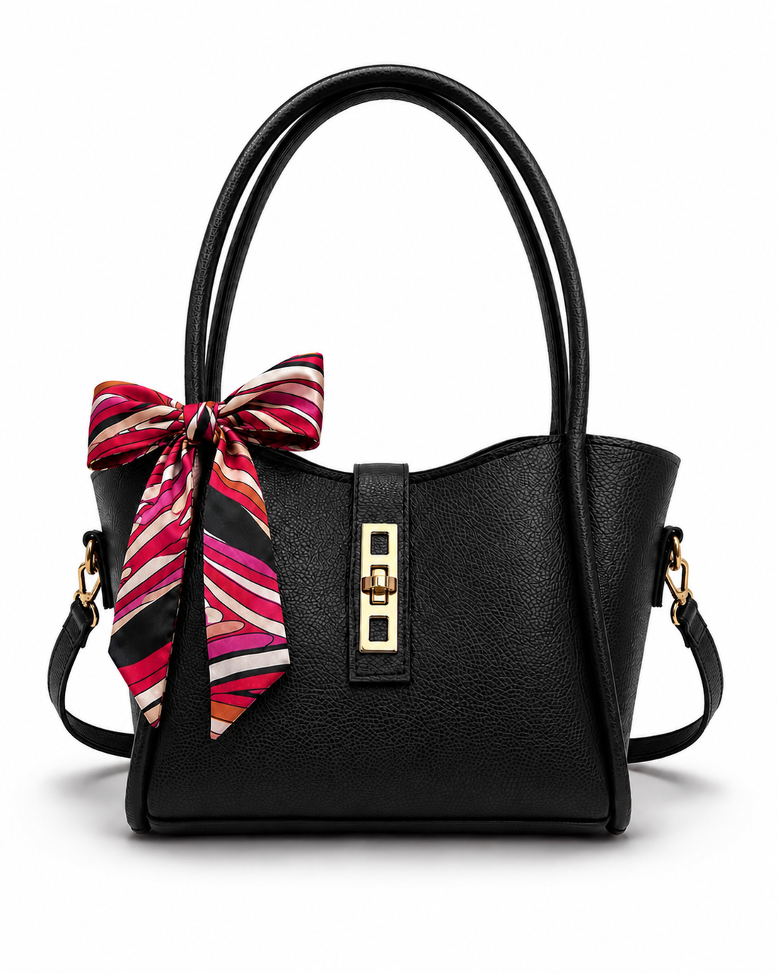 Elegant Brown Tote Handbag with Scarf & Gold Lock Detail