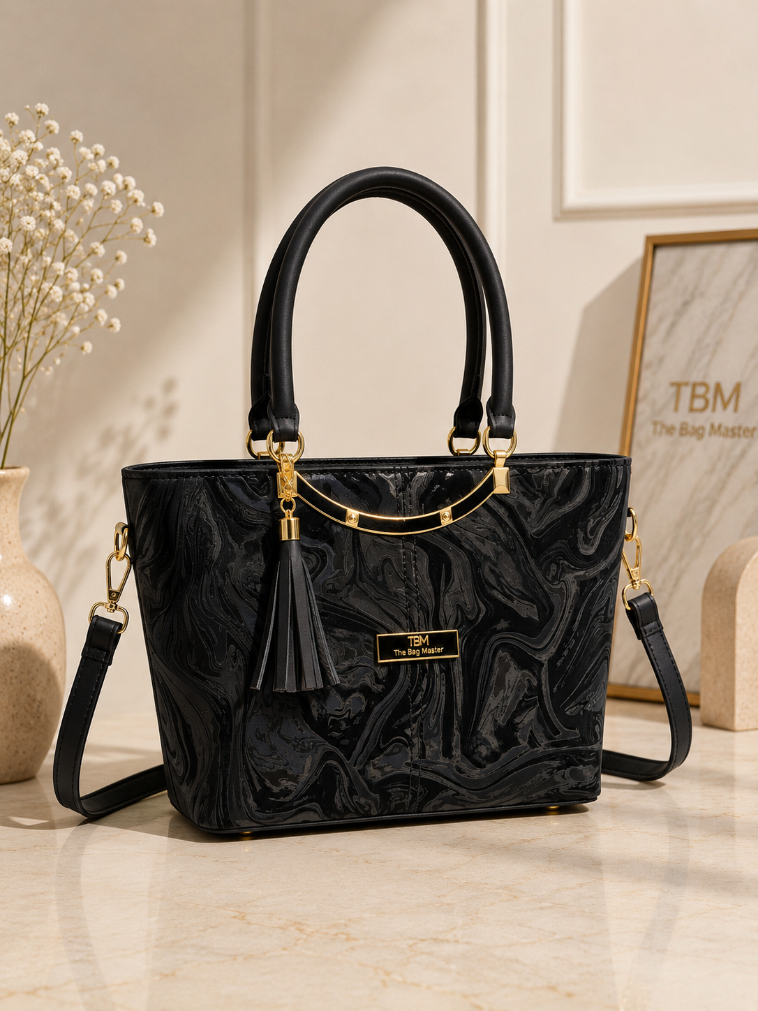 TBM Sage Marble Luxe Handbag – Premium Women’s Tote & Shoulder Bag (12” × 8” × 4”)