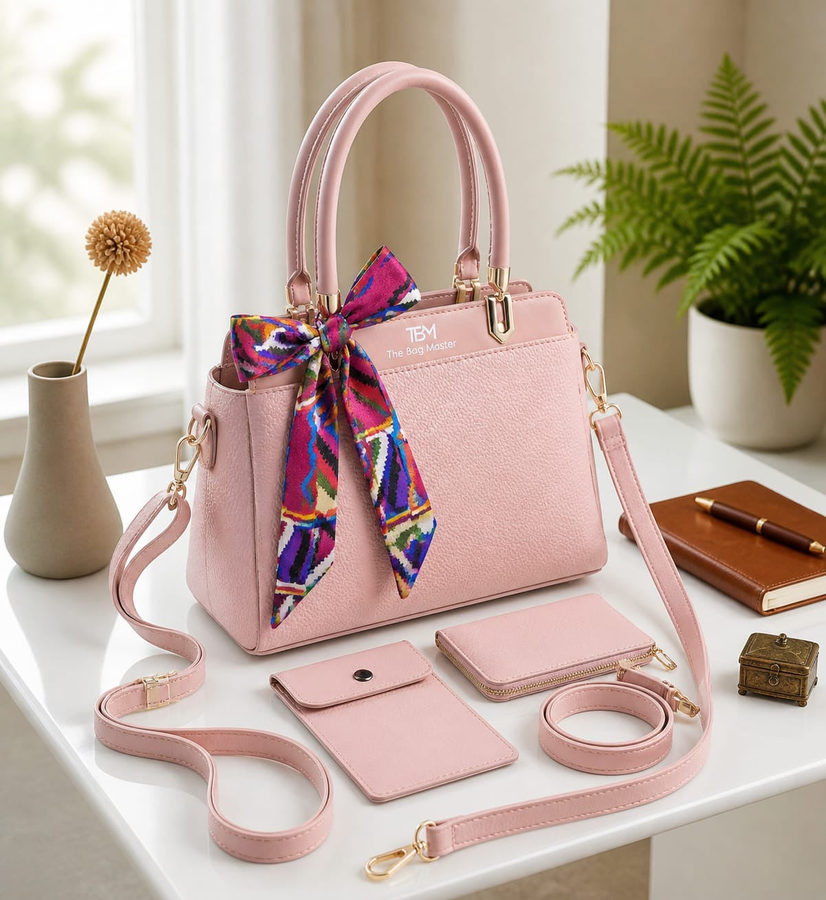 TBM Premium 3-Piece Essential Handbag Set: Satchel, Crossbody Mobile Wallet & Pouch With Ribbon