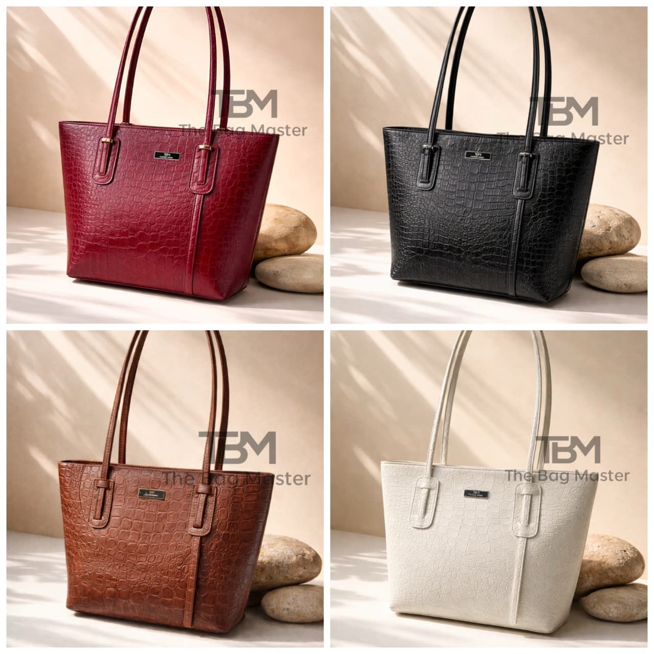 TBM Signature Crocodile Structured Tote Bag with Long Shoulder Handles