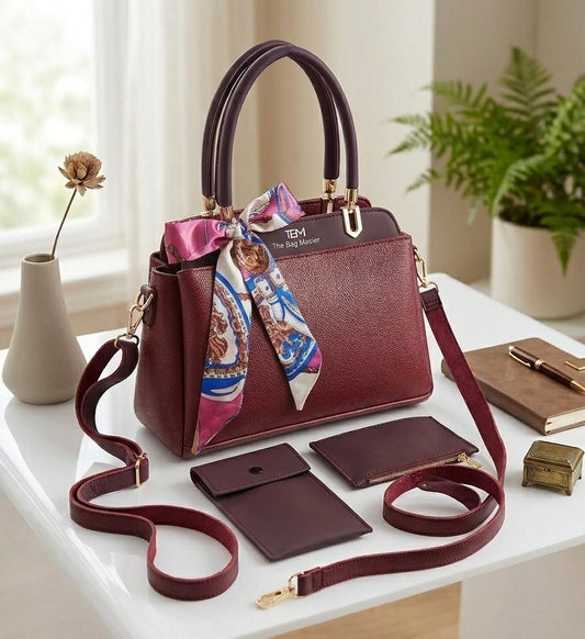 TBM Premium 3-Piece Essential Handbag Set: Satchel, Crossbody Mobile Wallet & Pouch With Ribbon