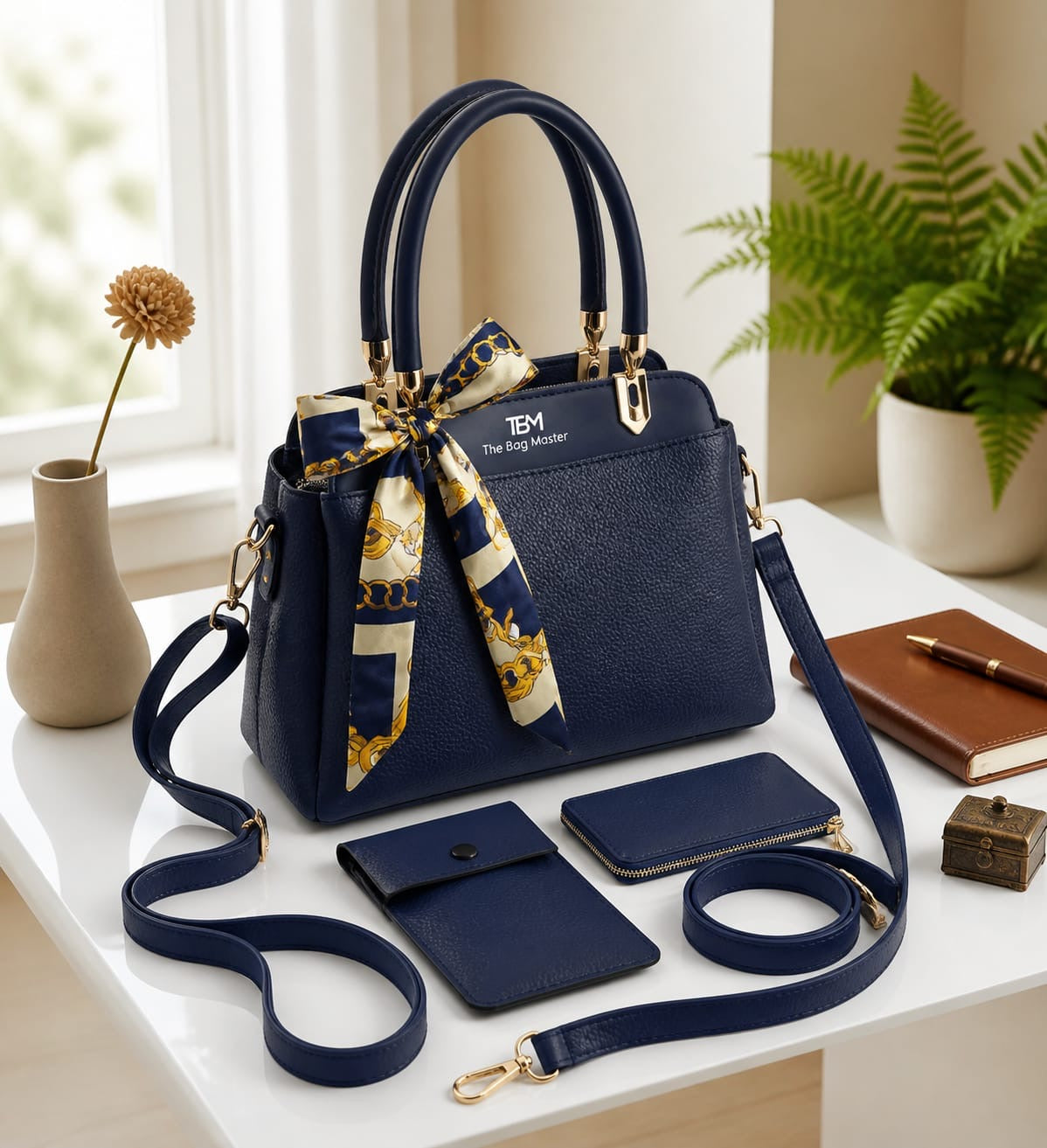 TBM Premium 3-Piece Essential Handbag Set: Satchel, Crossbody Mobile Wallet & Pouch With Ribbon