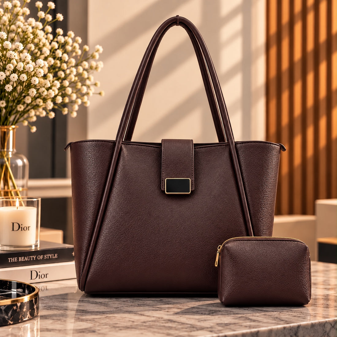 Elegant Classic Tote Bag with Matching Pouch