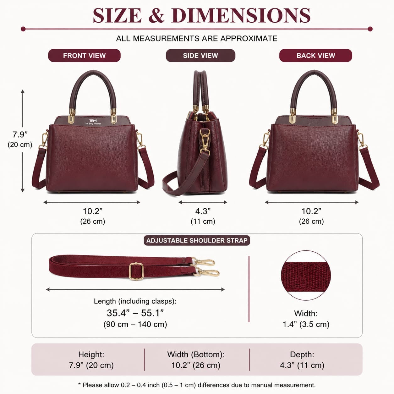 TBM Premium 3-Piece Essential Handbag Set: Satchel, Crossbody Mobile Wallet & Pouch With Ribbon