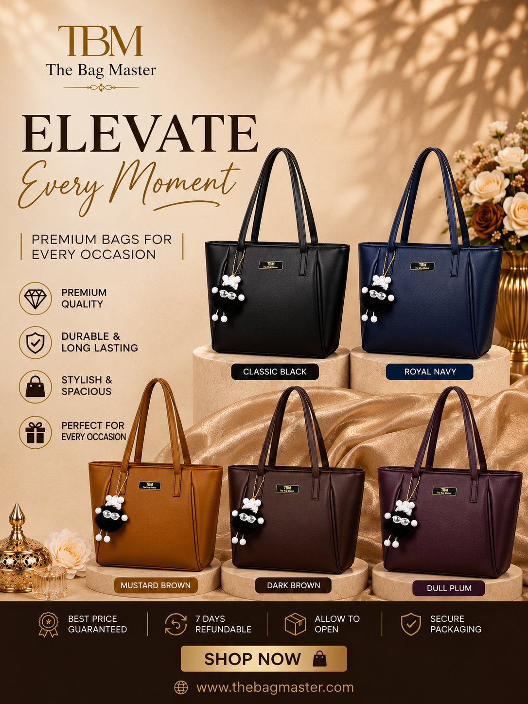 TBM Premium Women’s Tote Bag – Spacious Laptop Shoulder Handbag (12” x 12” x 5”)