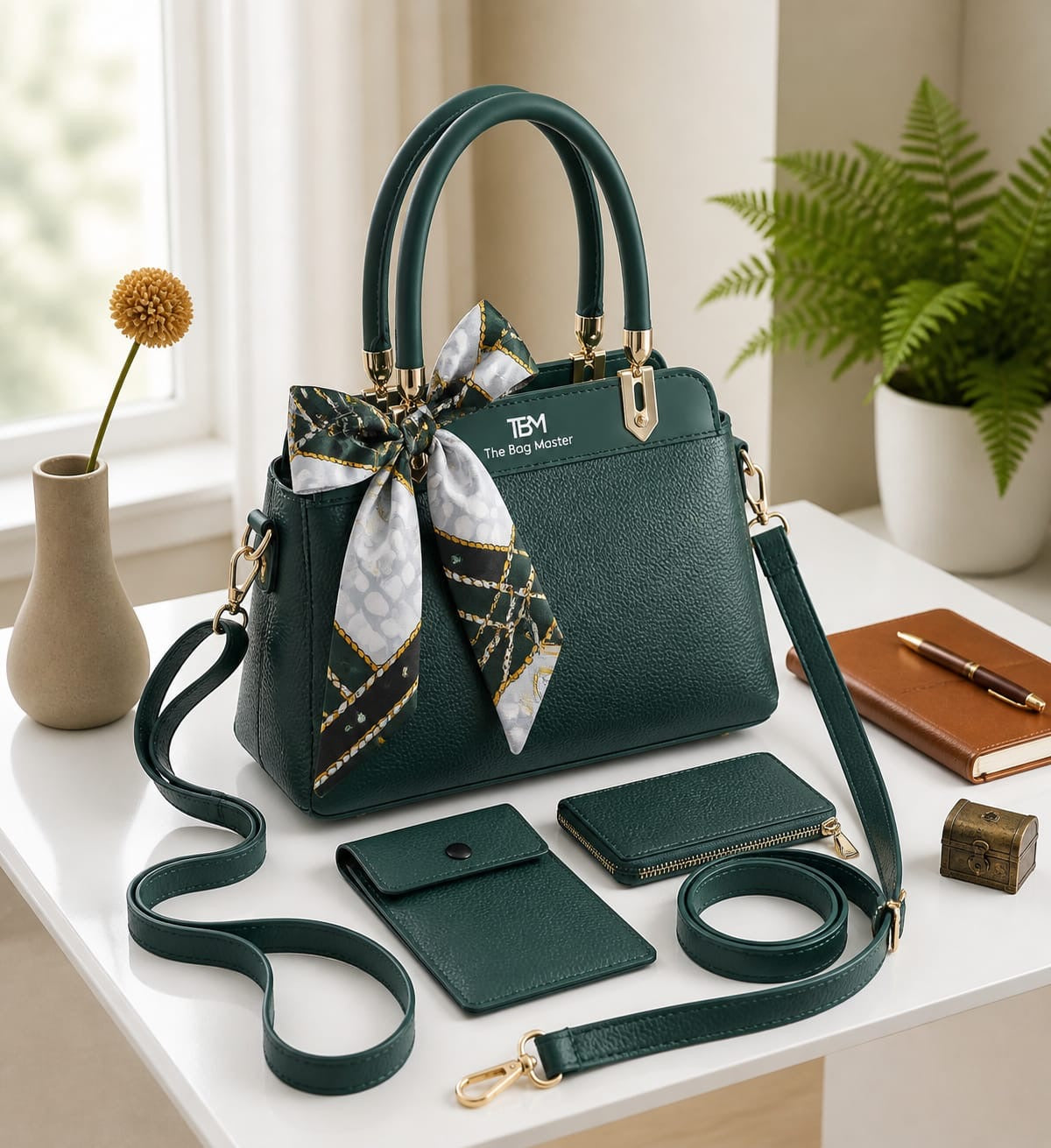 TBM Premium 3-Piece Essential Handbag Set: Satchel, Crossbody Mobile Wallet & Pouch With Ribbon
