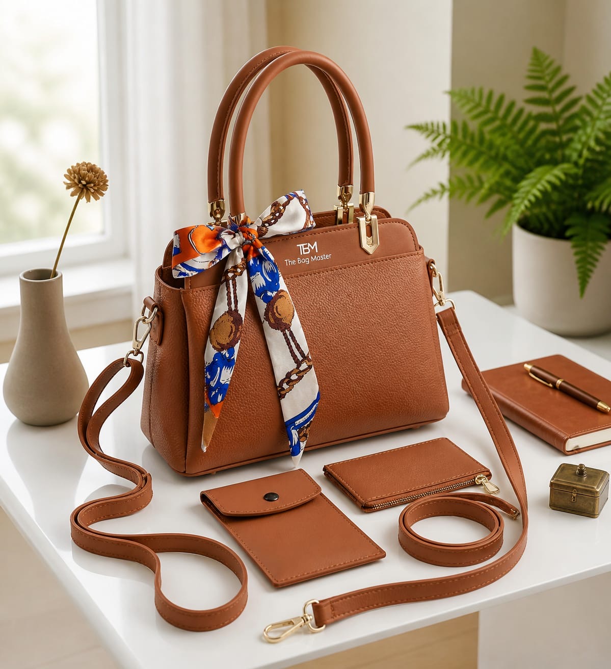 TBM Premium 3-Piece Essential Handbag Set: Satchel, Crossbody Mobile Wallet & Pouch With Ribbon