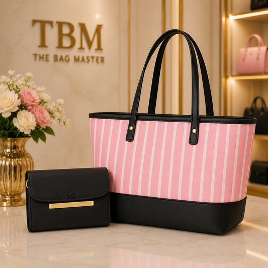 Premium Pink Stripe Shoulder Tote with Matching Wallet
