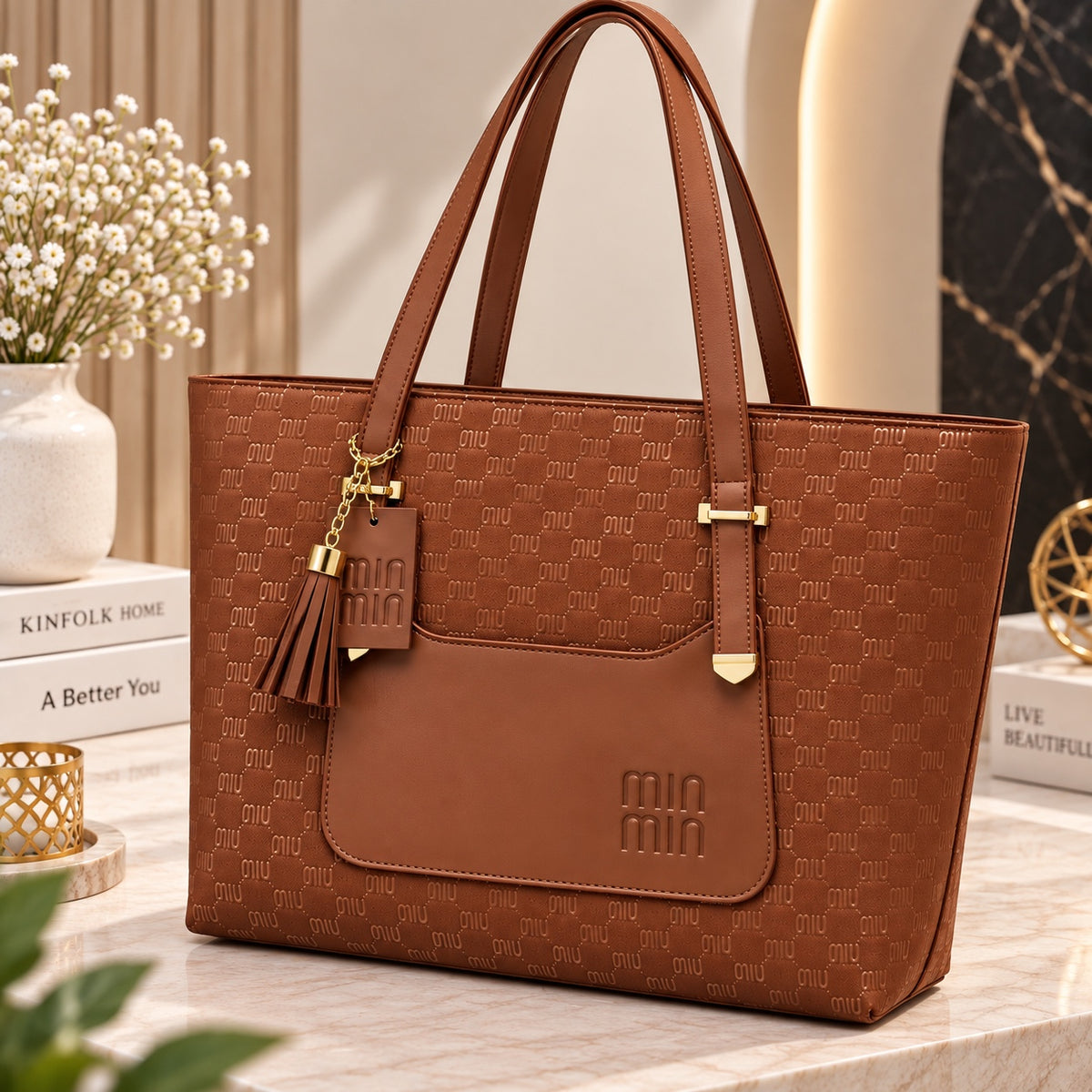 TBM The Bag Master "MIN MIN" Monogram Printed Tote Bag with Tassel Charm
