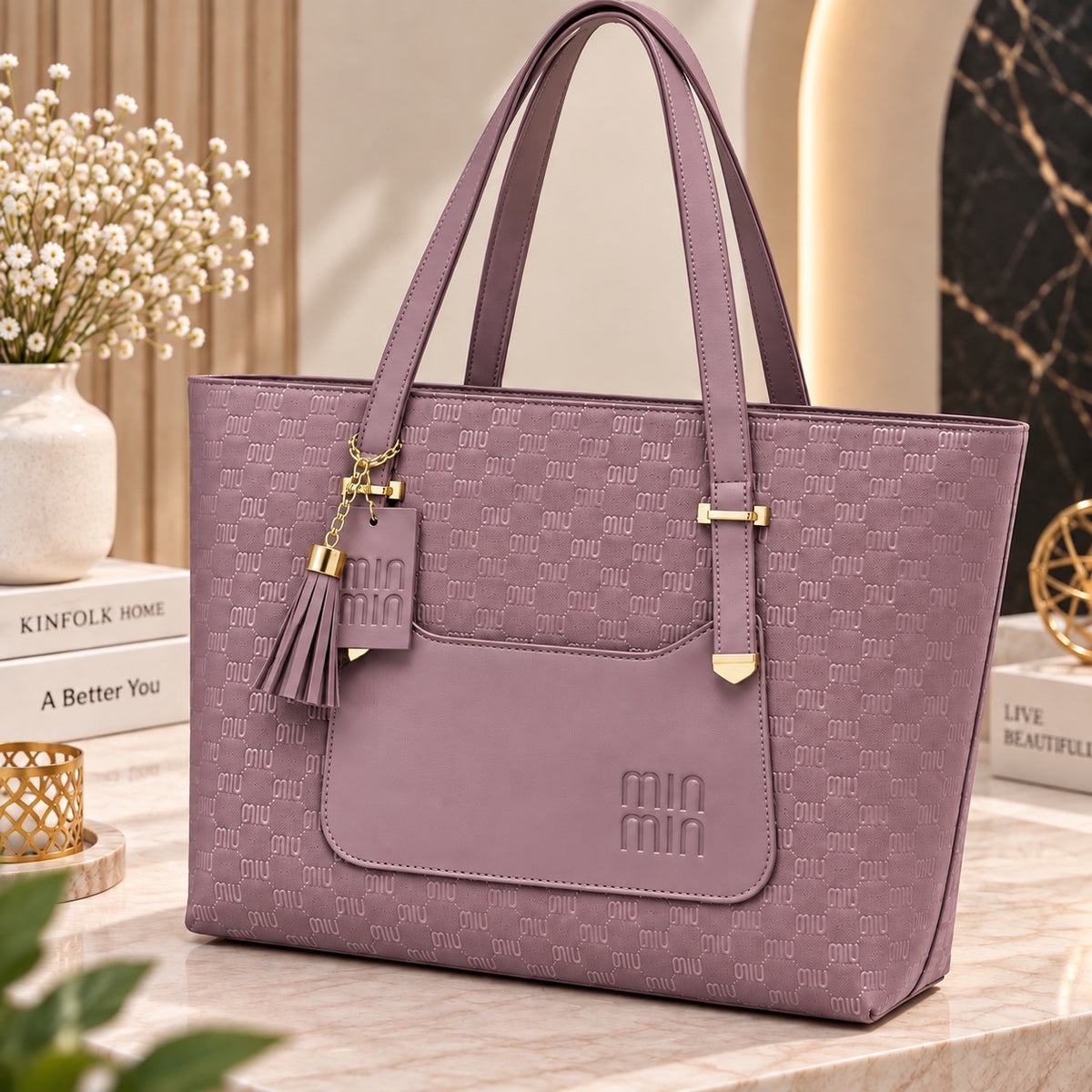 TBM The Bag Master "MIN MIN" Monogram Printed Tote Bag with Tassel Charm