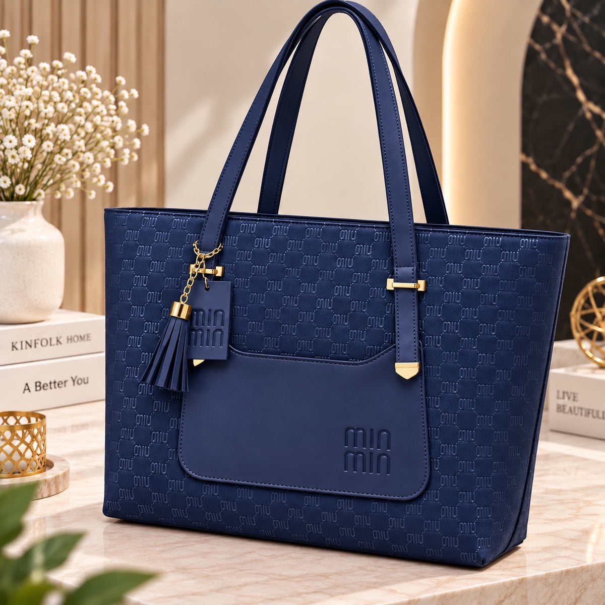 TBM The Bag Master "MIN MIN" Monogram Printed Tote Bag with Tassel Charm