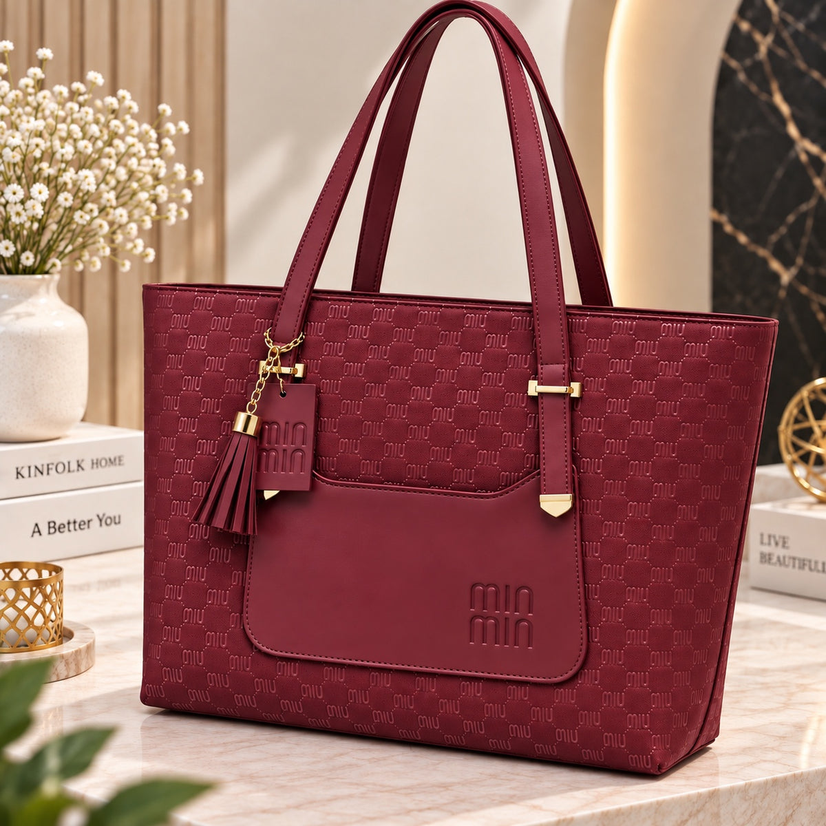 TBM The Bag Master "MIN MIN" Monogram Printed Tote Bag with Tassel Charm