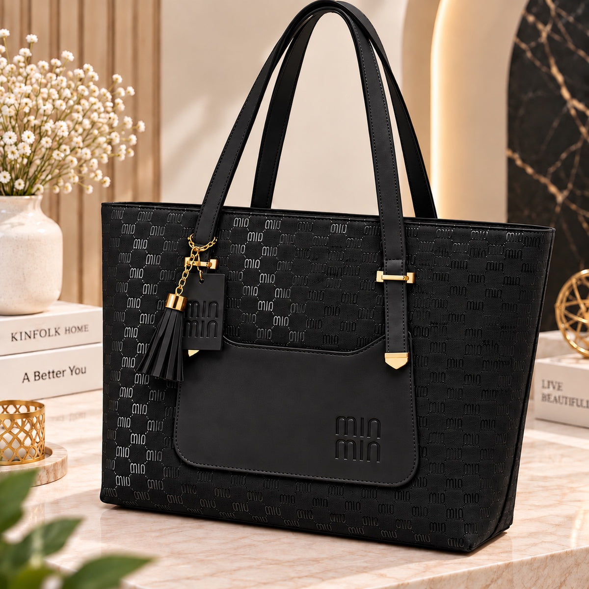 TBM The Bag Master "MIN MIN" Monogram Printed Tote Bag with Tassel Charm