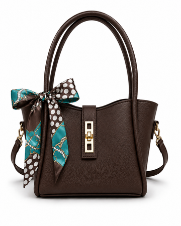 Elegant Brown Tote Handbag with Scarf & Gold Lock Detail