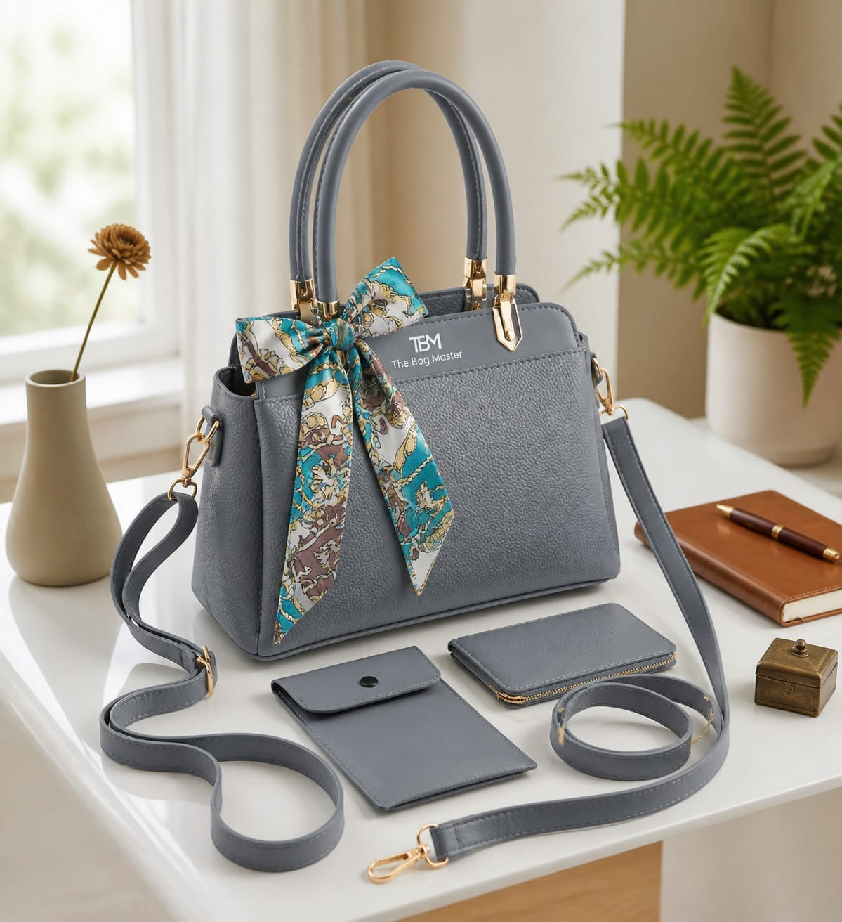 TBM Premium 3-Piece Essential Handbag Set: Satchel, Crossbody Mobile Wallet & Pouch With Ribbon