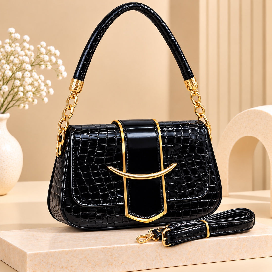 Croc-Textured Mini Shoulder Bag