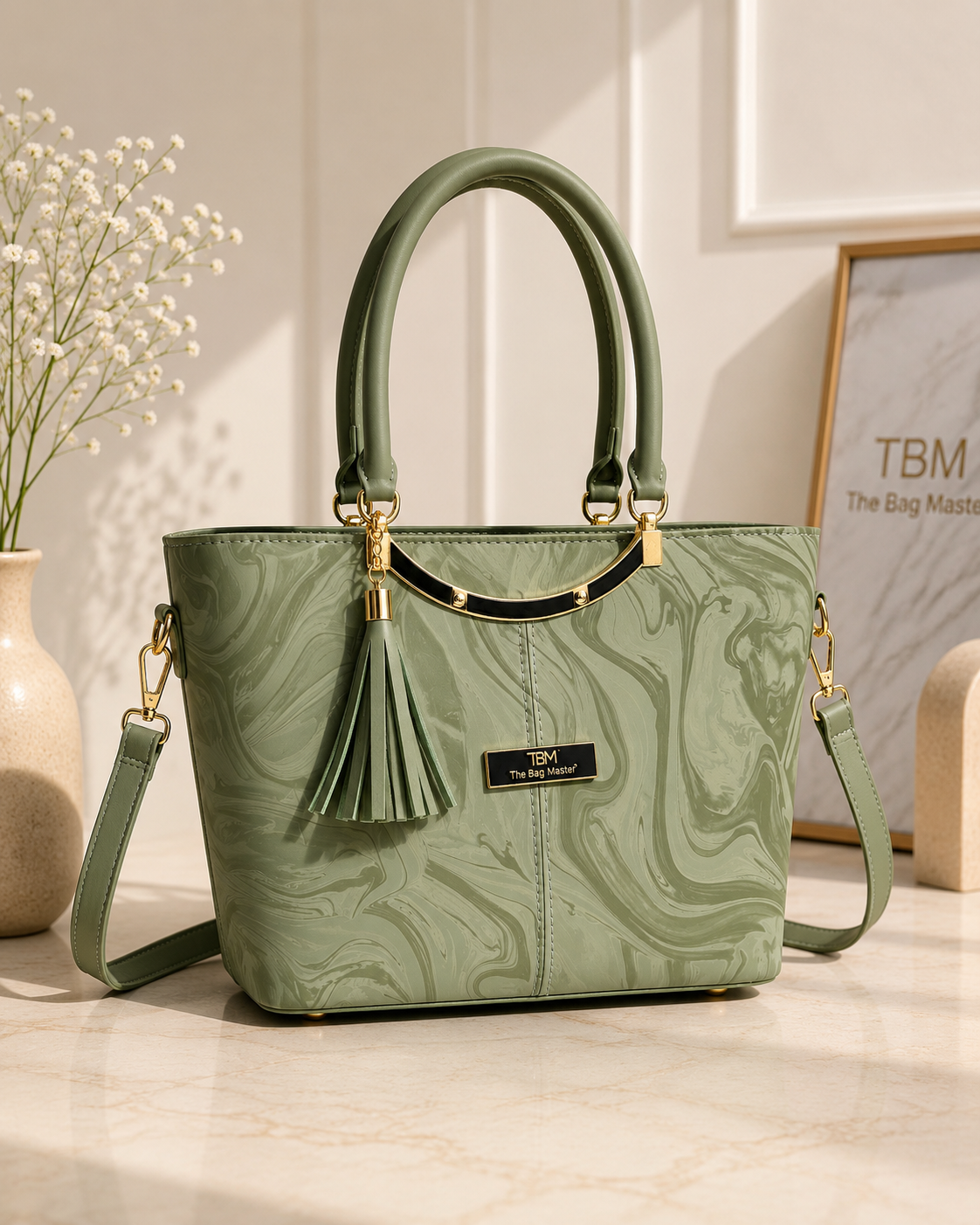 TBM Sage Marble Luxe Handbag – Premium Women’s Tote & Shoulder Bag (12” × 8” × 4”)