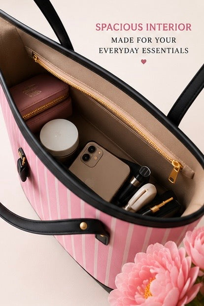 Premium Pink Stripe Shoulder Tote with Matching Wallet