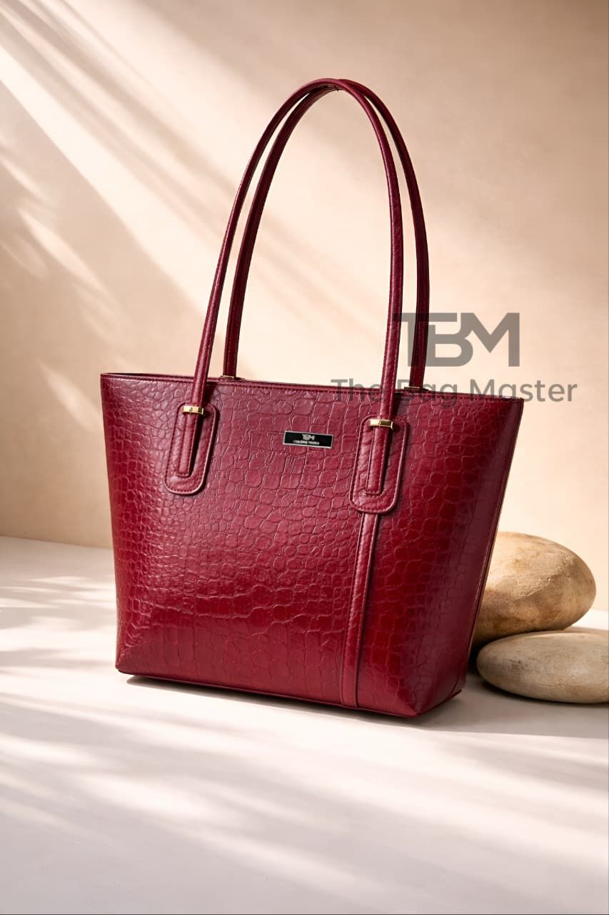 TBM Signature Crocodile Structured Tote Bag with Long Shoulder Handles