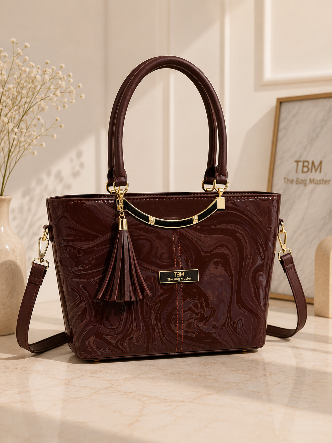 TBM Sage Marble Luxe Handbag – Premium Women’s Tote & Shoulder Bag (12” × 8” × 4”)