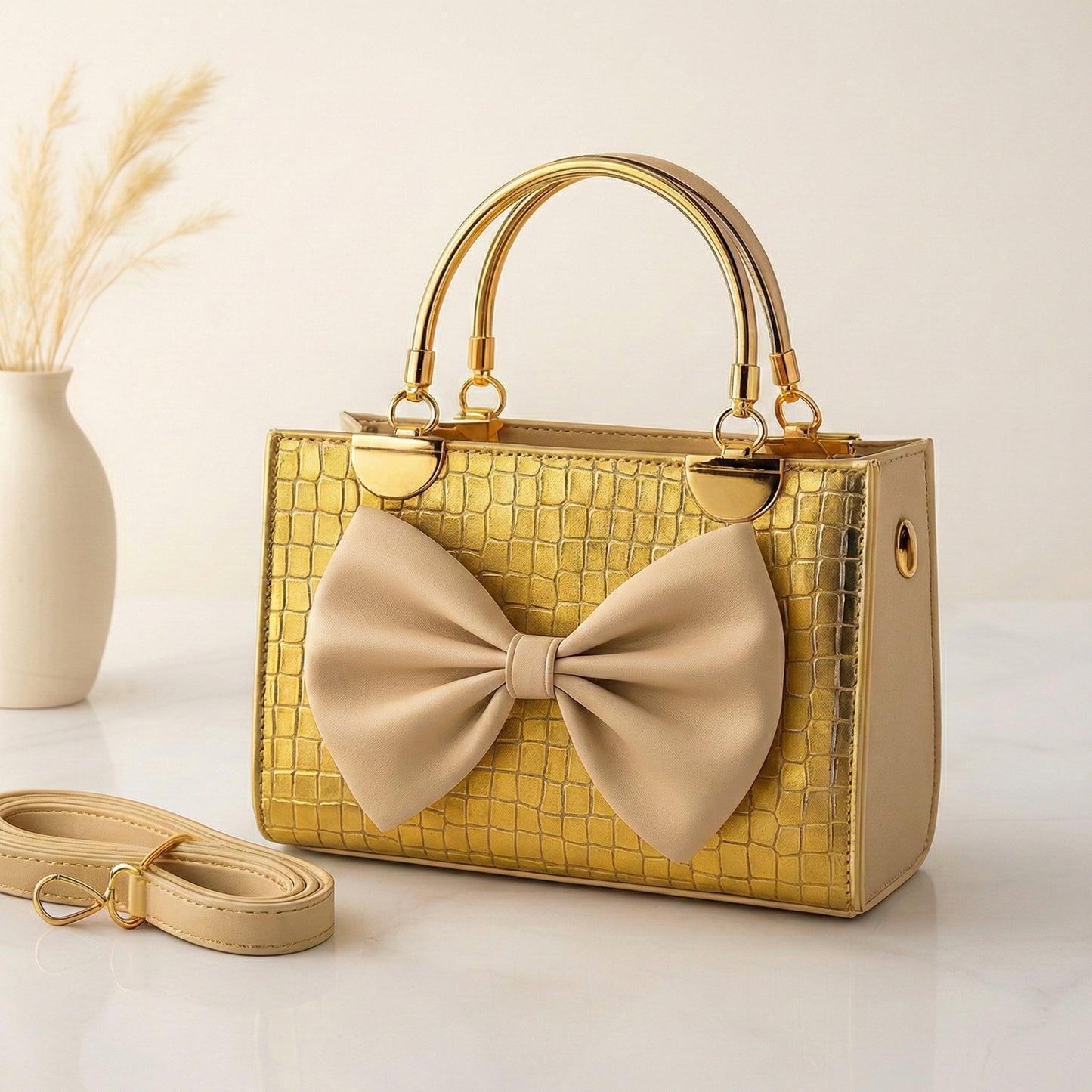 Luxury Metallic Croc-Textured Handbag with Elegant Oversized Bow & Designer Metal Handles