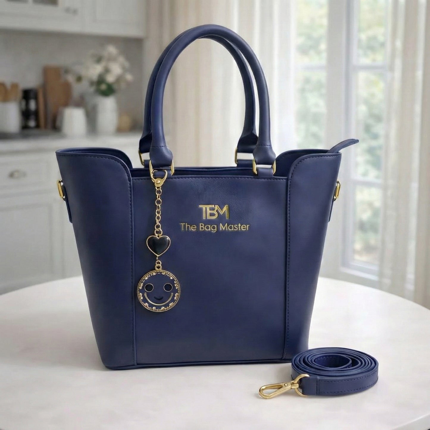 TBM Signature Structured Tote Handbag with Playful Designer Charms & Adjustable Strap