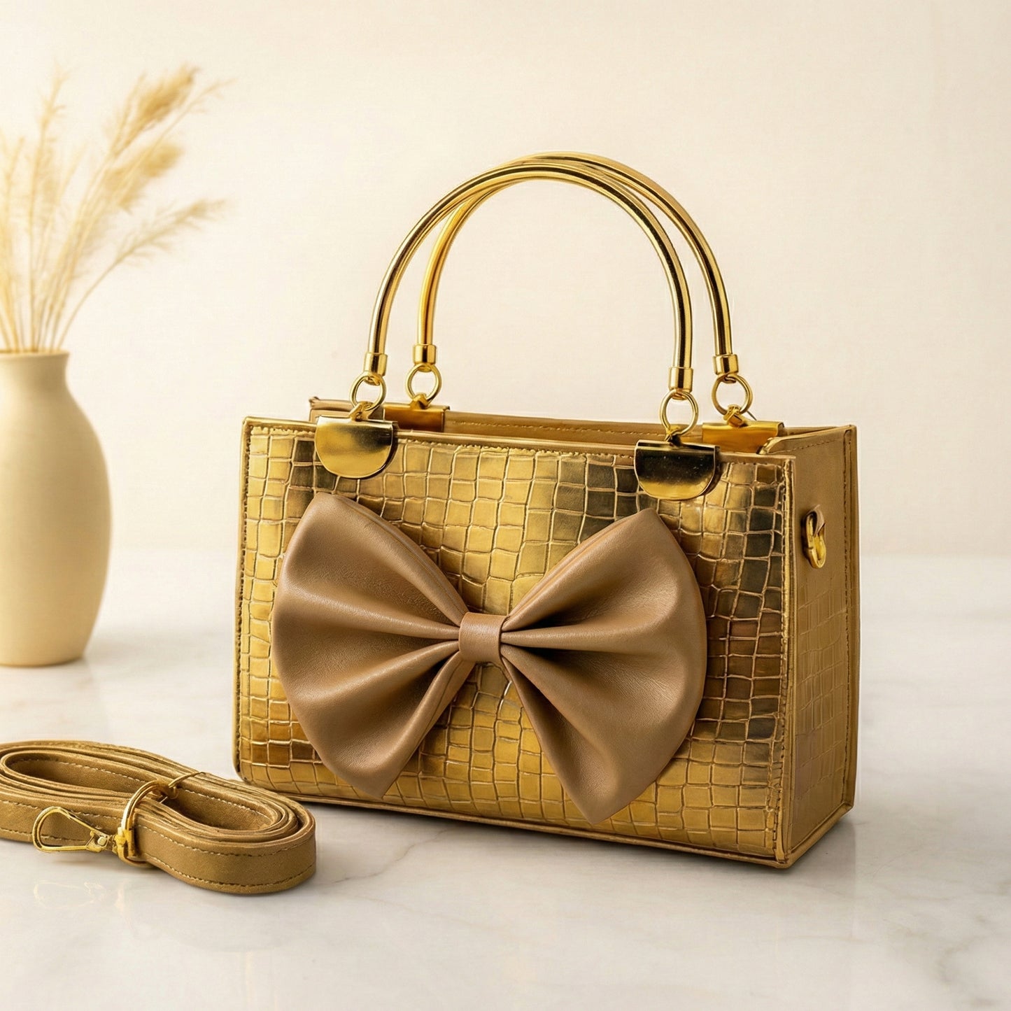 Luxury Metallic Croc-Textured Handbag with Elegant Oversized Bow & Designer Metal Handles