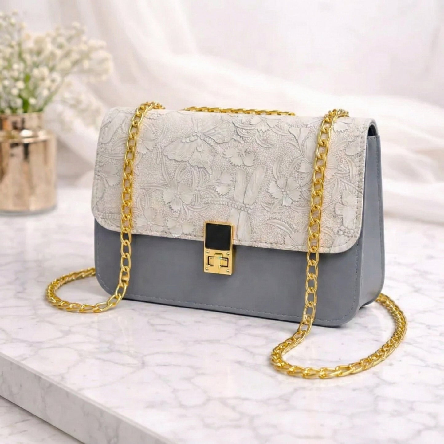 Embossed Floral Crossbody Bag with Chain Strap