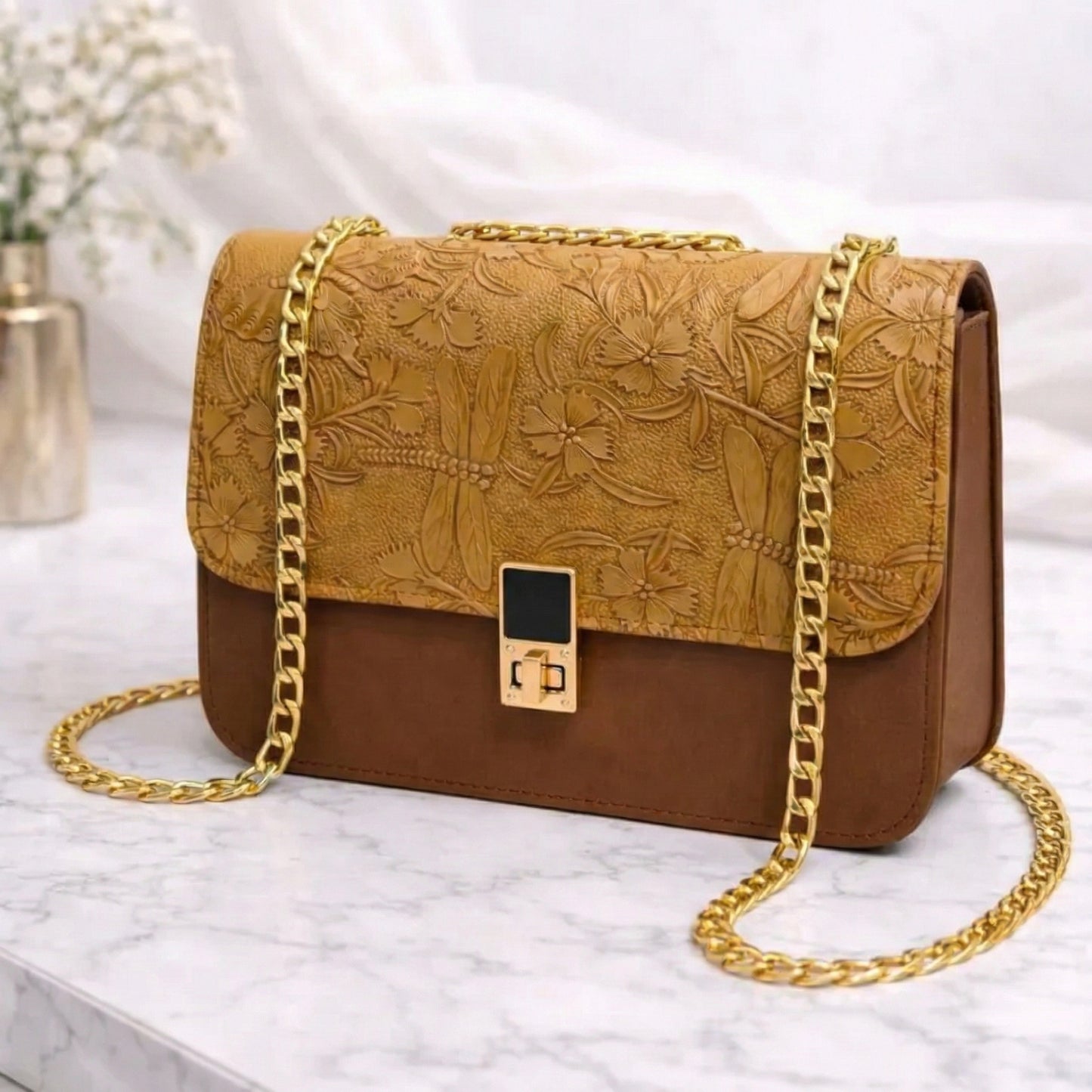 Embossed Floral Crossbody Bag with Chain Strap
