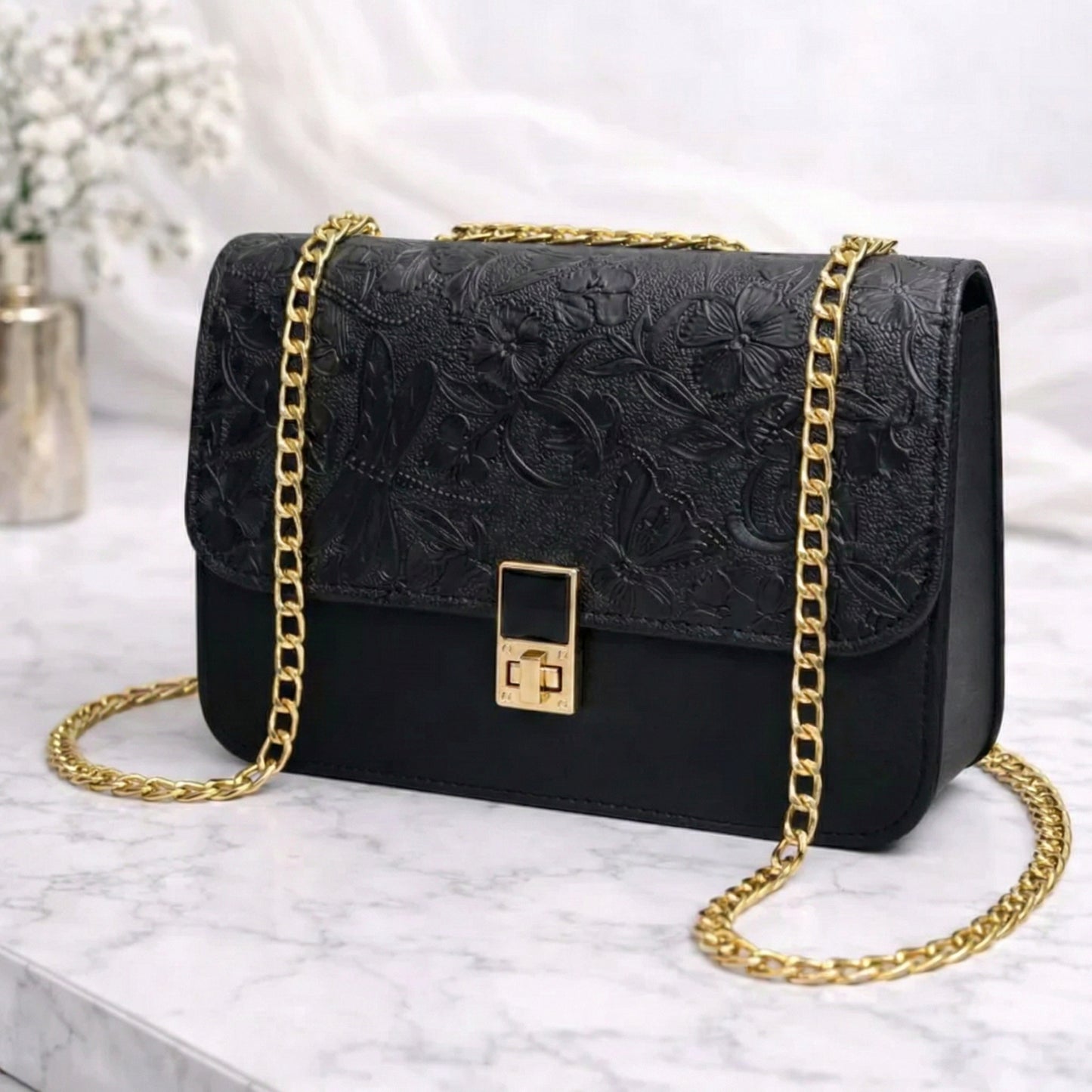 Embossed Floral Crossbody Bag with Chain Strap