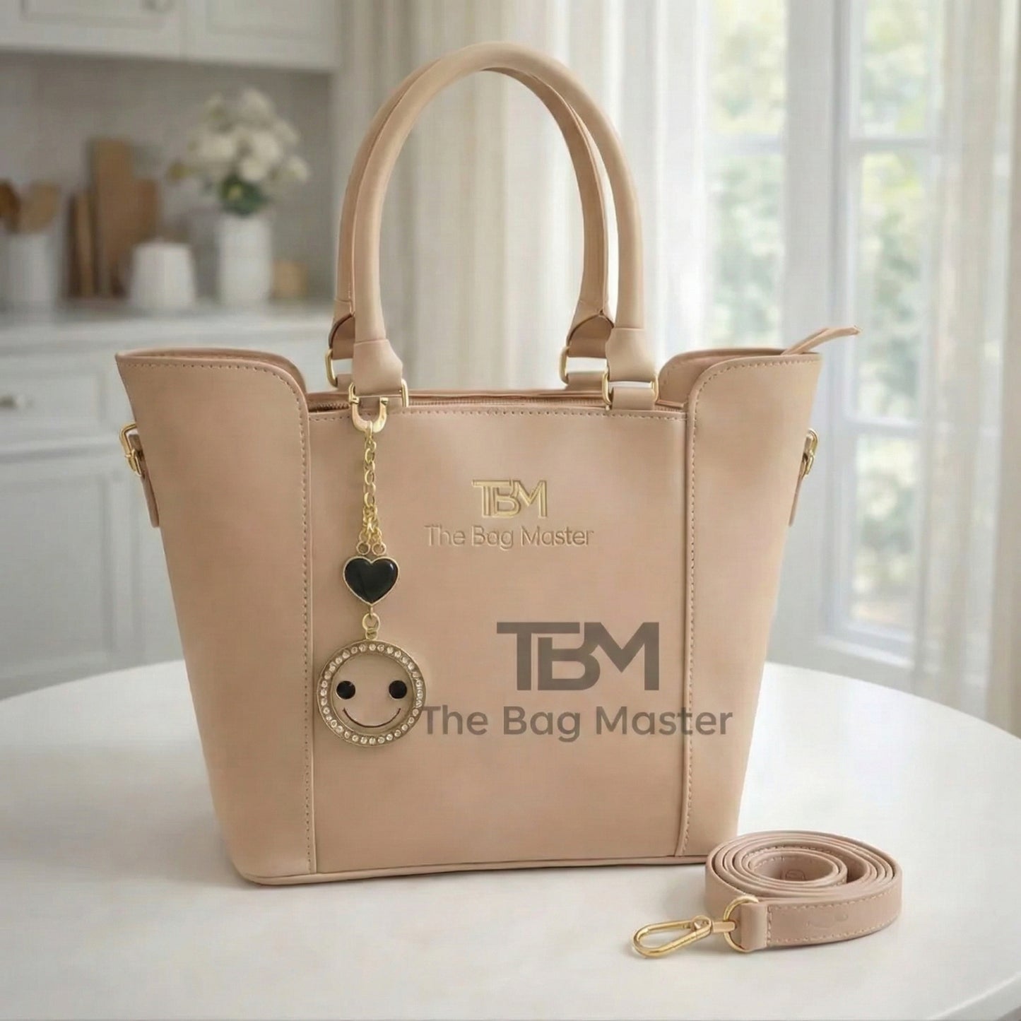 TBM Signature Structured Tote Handbag with Playful Designer Charms & Adjustable Strap