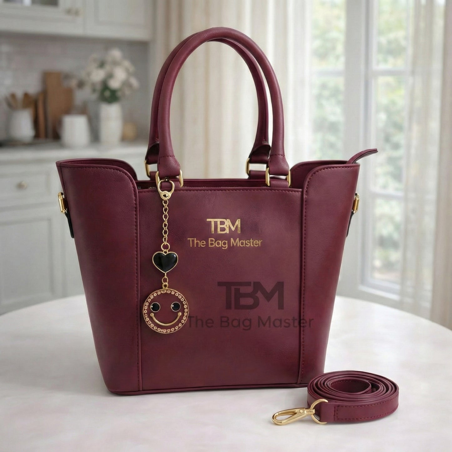 TBM Signature Structured Tote Handbag with Playful Designer Charms & Adjustable Strap