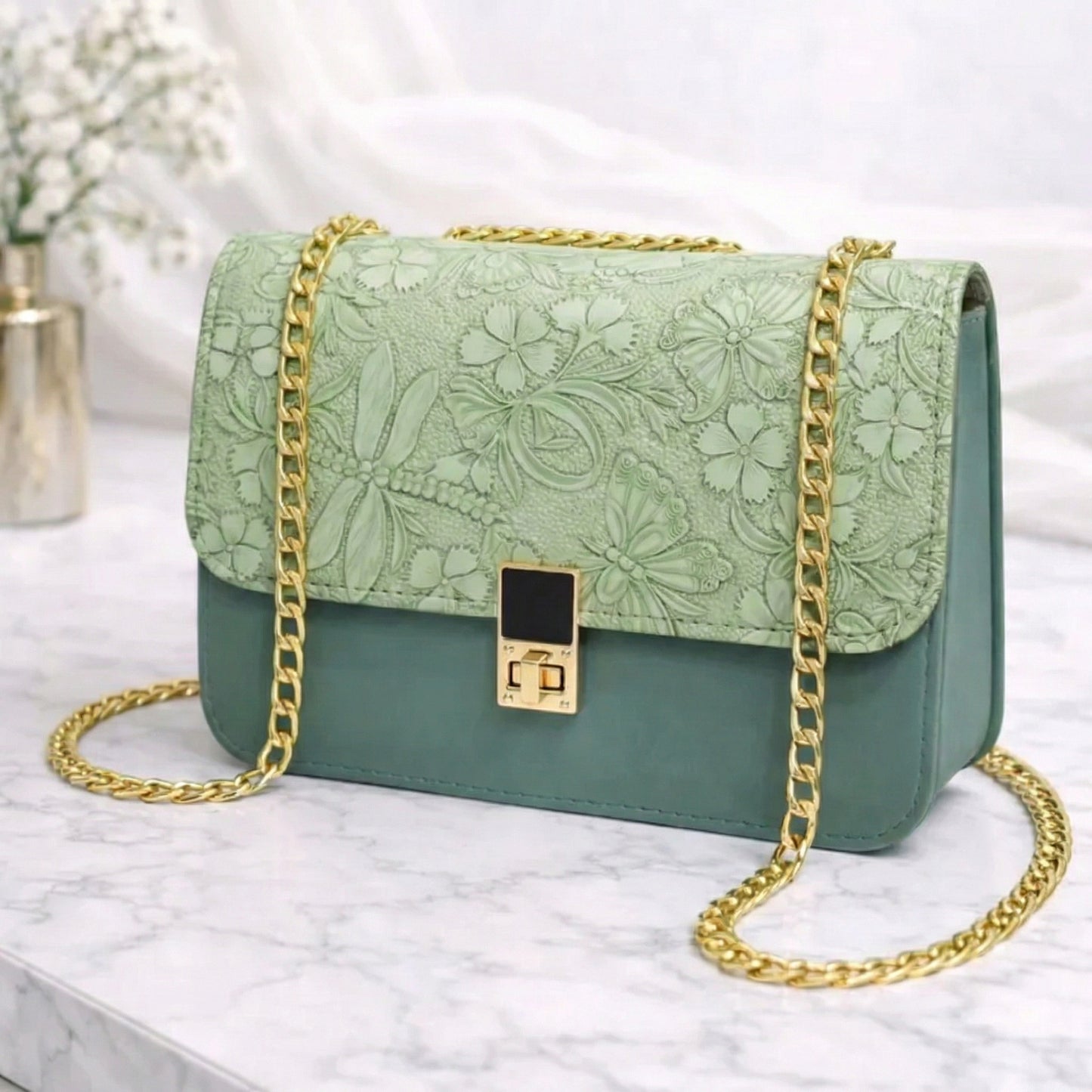 Embossed Floral Crossbody Bag with Chain Strap