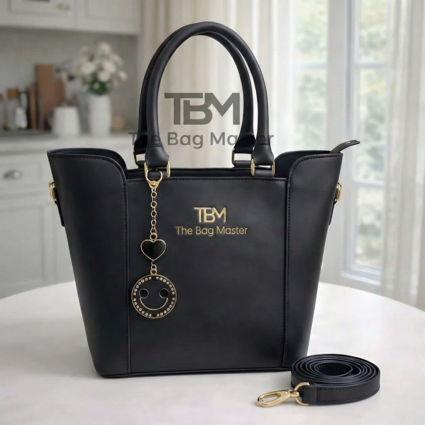 TBM Signature Structured Tote Handbag with Playful Designer Charms & Adjustable Strap
