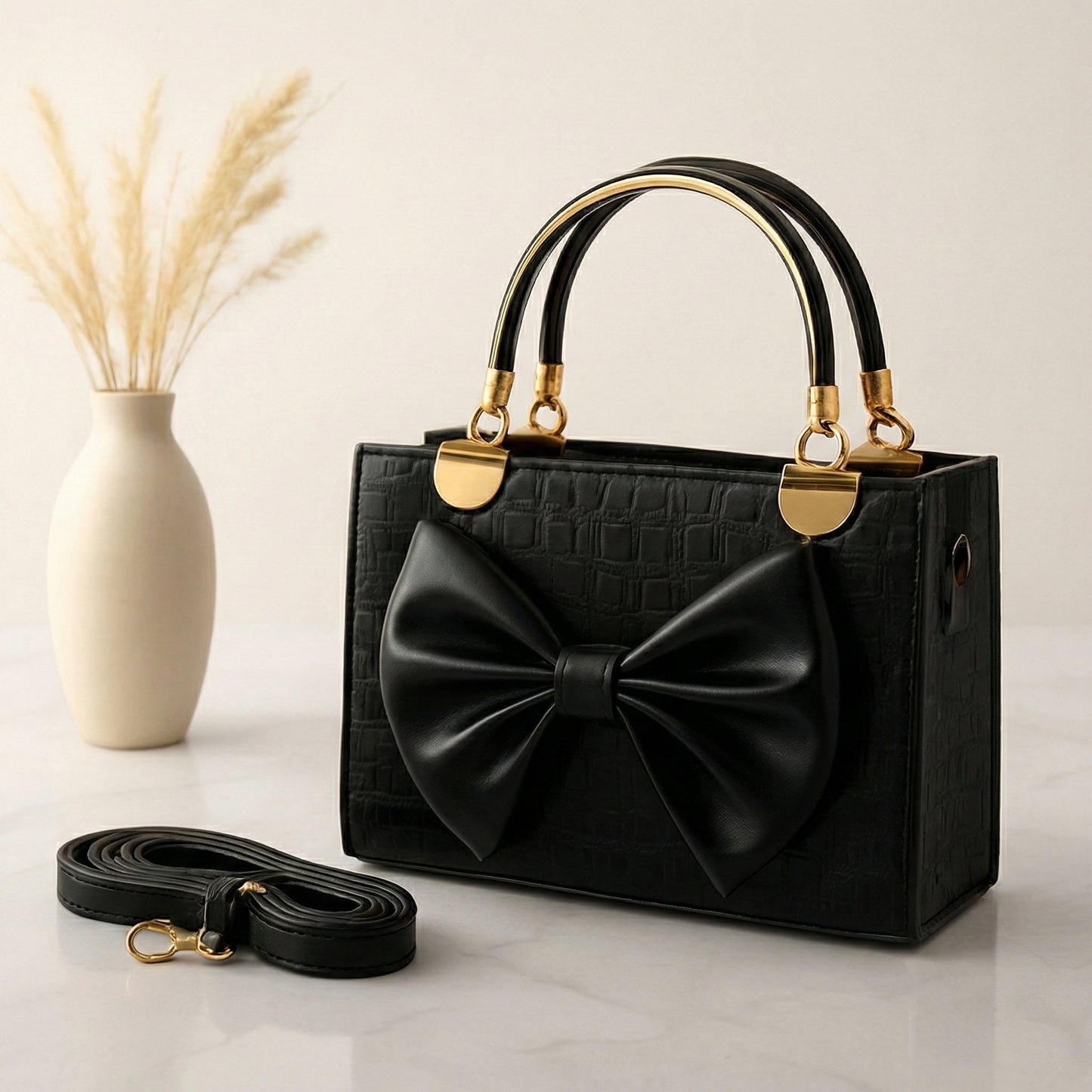 Luxury Metallic Croc-Textured Handbag with Elegant Oversized Bow & Designer Metal Handles