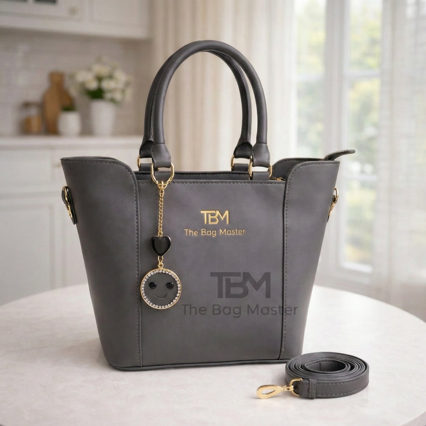 TBM Signature Structured Tote Handbag with Playful Designer Charms & Adjustable Strap