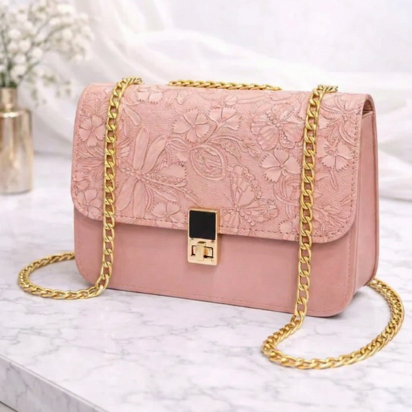 Embossed Floral Crossbody Bag with Chain Strap