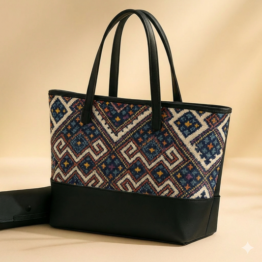 Geometric Ethnic Pattern Tote Bag with Matching Accessory Pouch