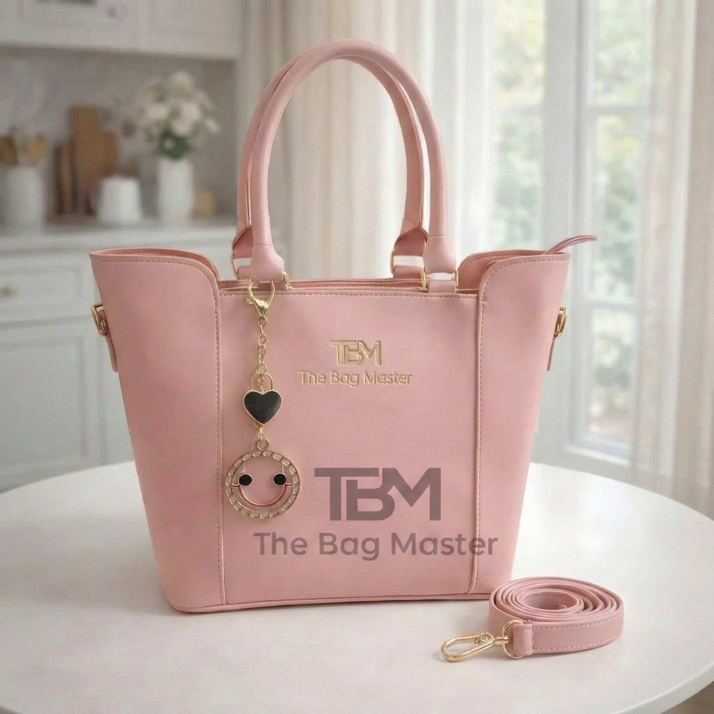 TBM Signature Structured Tote Handbag with Playful Designer Charms & Adjustable Strap