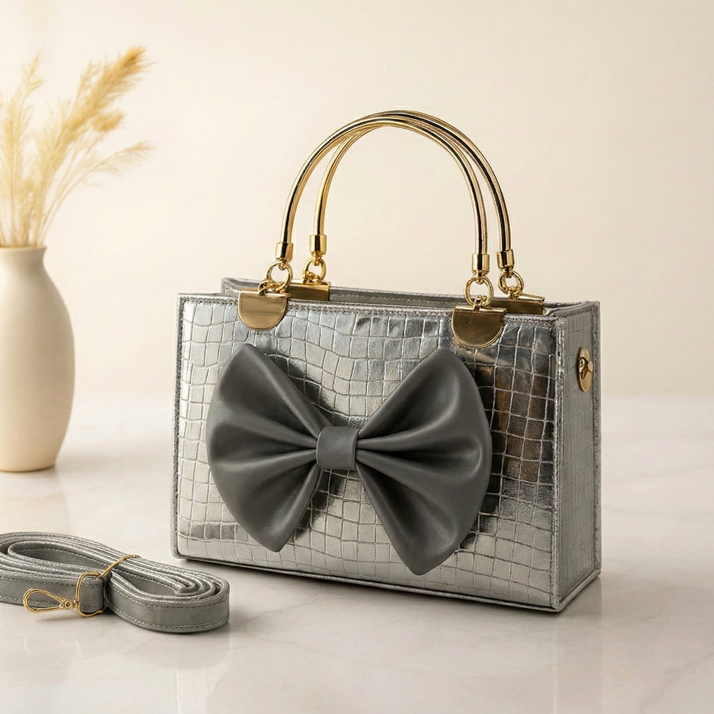 Luxury Metallic Croc-Textured Handbag with Elegant Oversized Bow & Designer Metal Handles