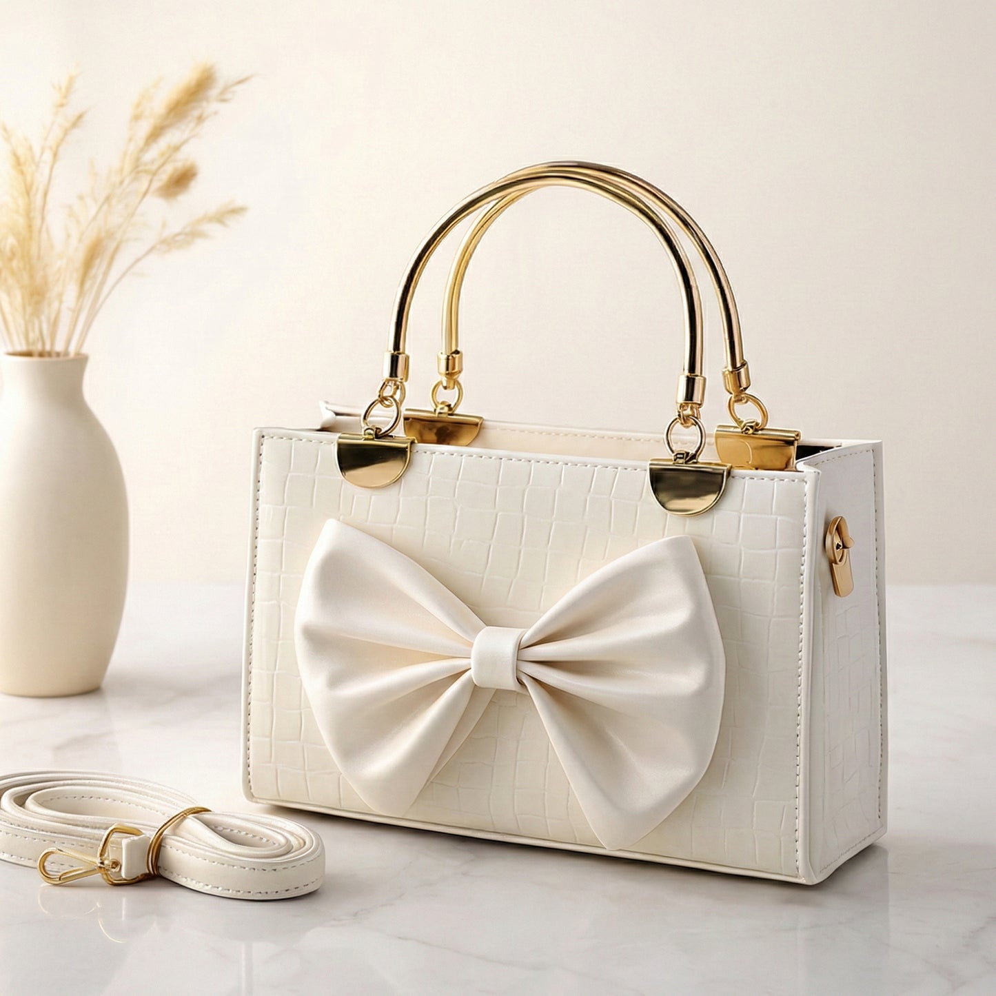 Luxury Metallic Croc-Textured Handbag with Elegant Oversized Bow & Designer Metal Handles