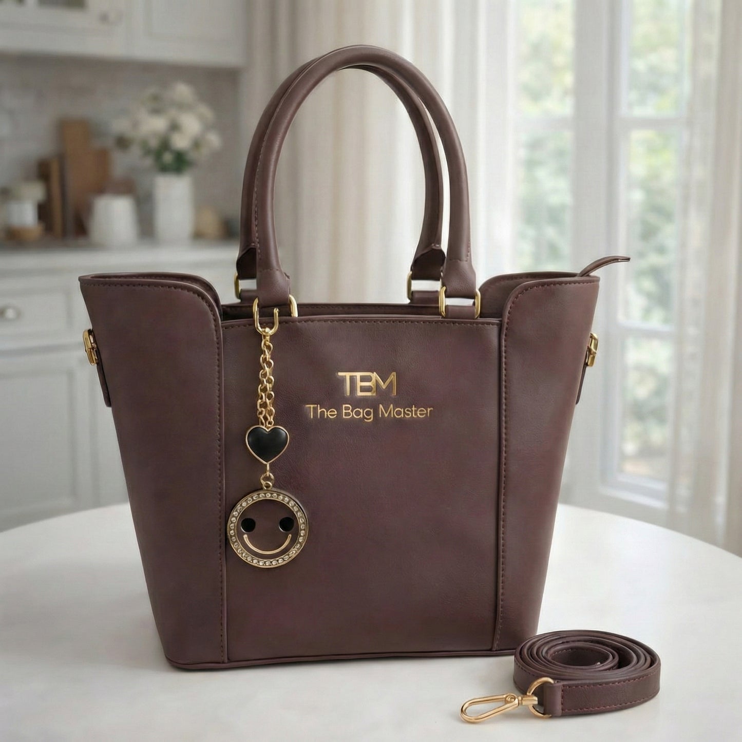 TBM Signature Structured Tote Handbag with Playful Designer Charms & Adjustable Strap