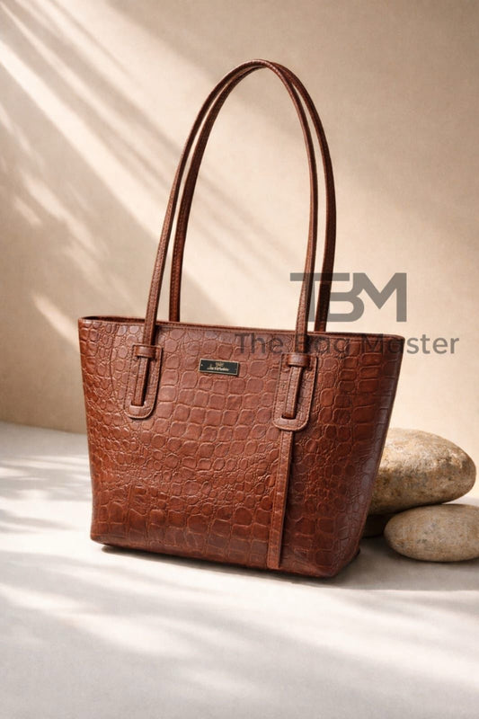 TBM Signature Crocodile Structured Tote Bag with Long Shoulder Handles