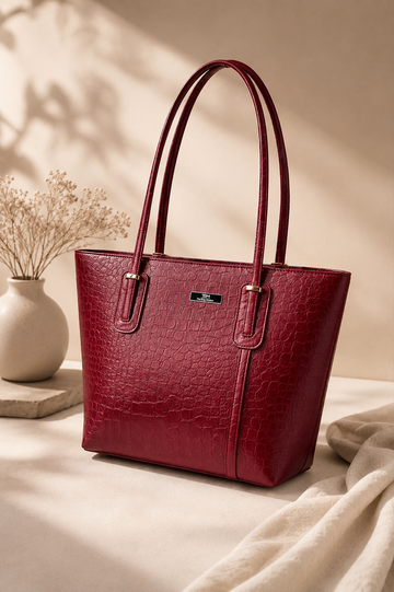 TBM Signature Crocodile Structured Tote Bag with Long Shoulder Handles